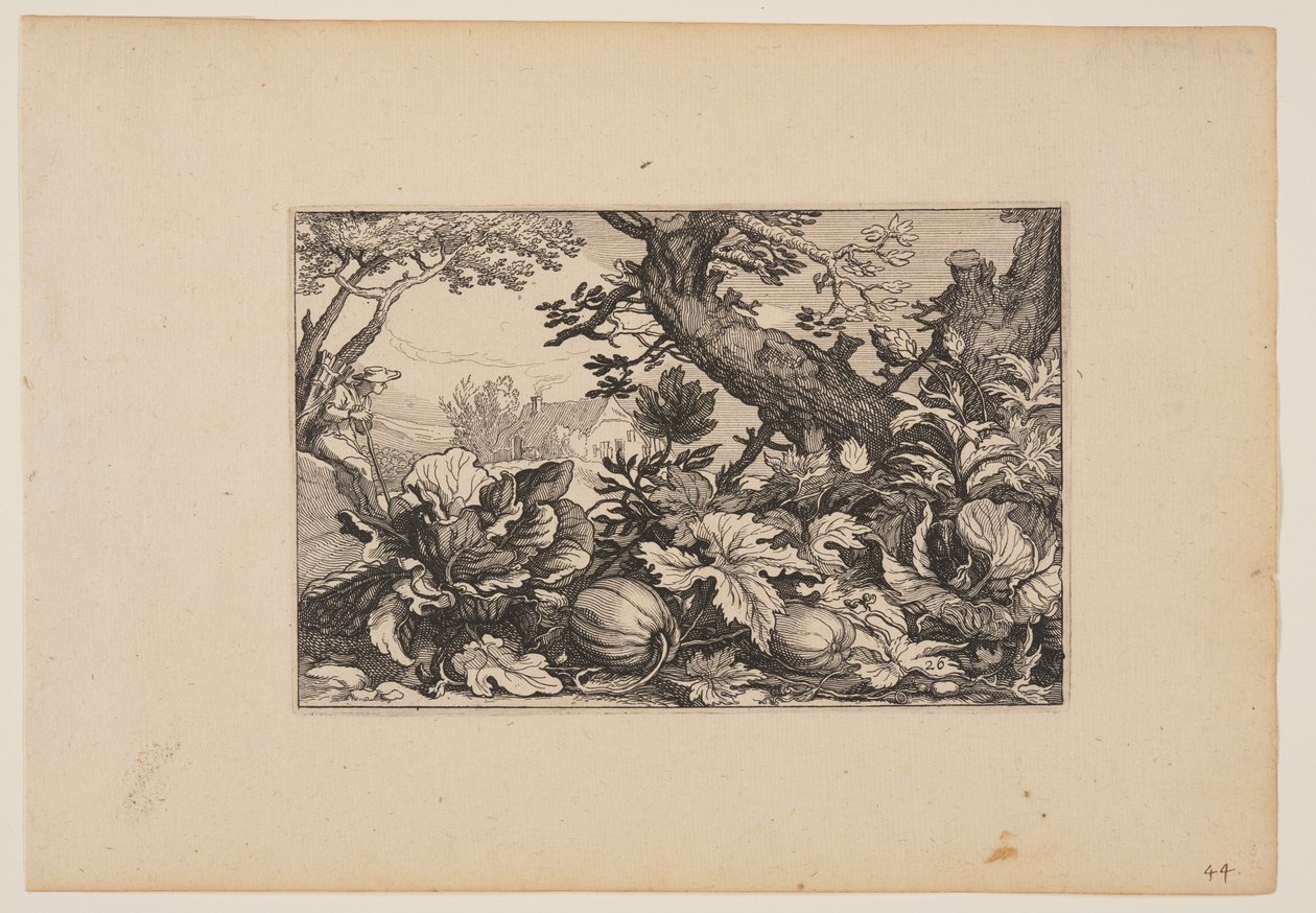 Boom en Meloenen, van Landschappen (Verscheyden aerdige Lanthuysen...) door Claes Jansz. Visscher