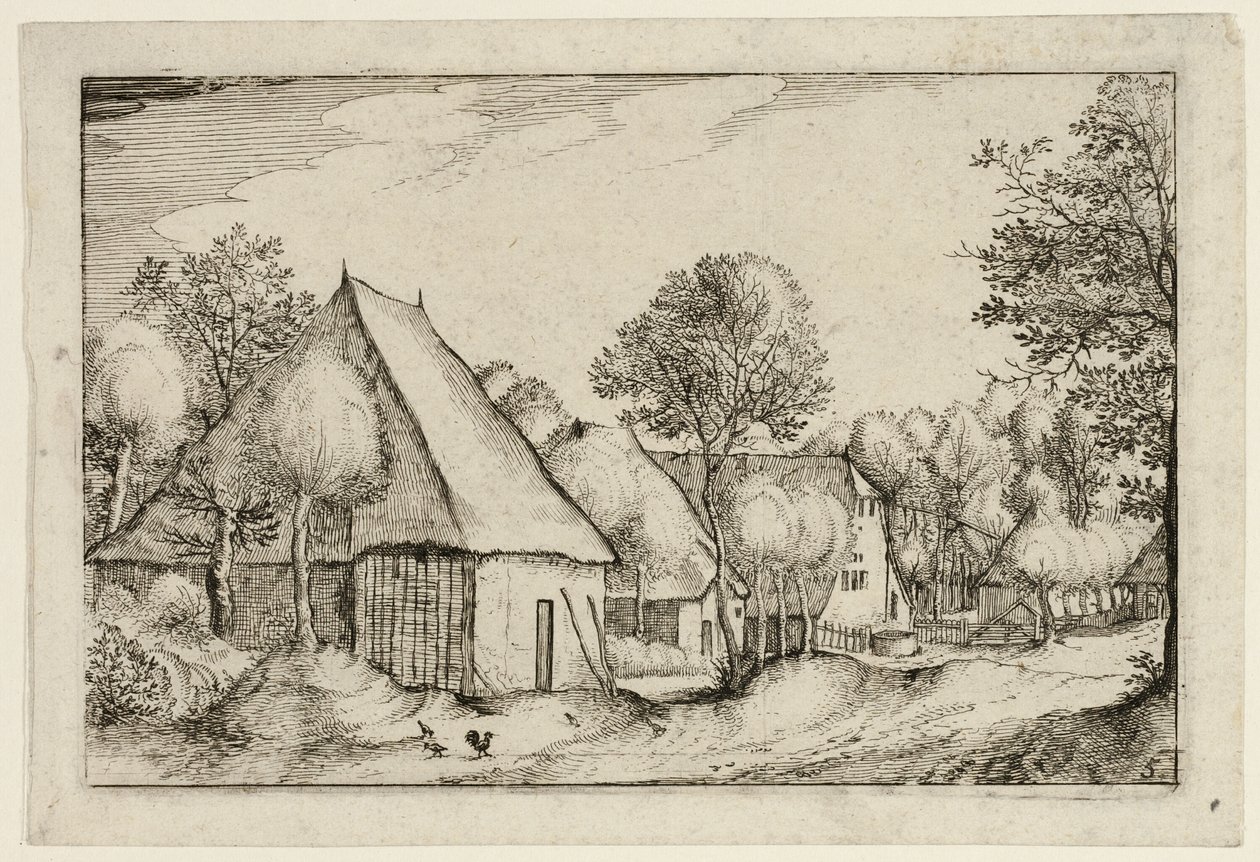 Een boerenerf, plaat vijf naar Afbeeldingen van boerderijen, landhuizen en rustieke dorpen (Praediorum villarum et rusticarum casularum icones) door Claes Jansz. Visscher II