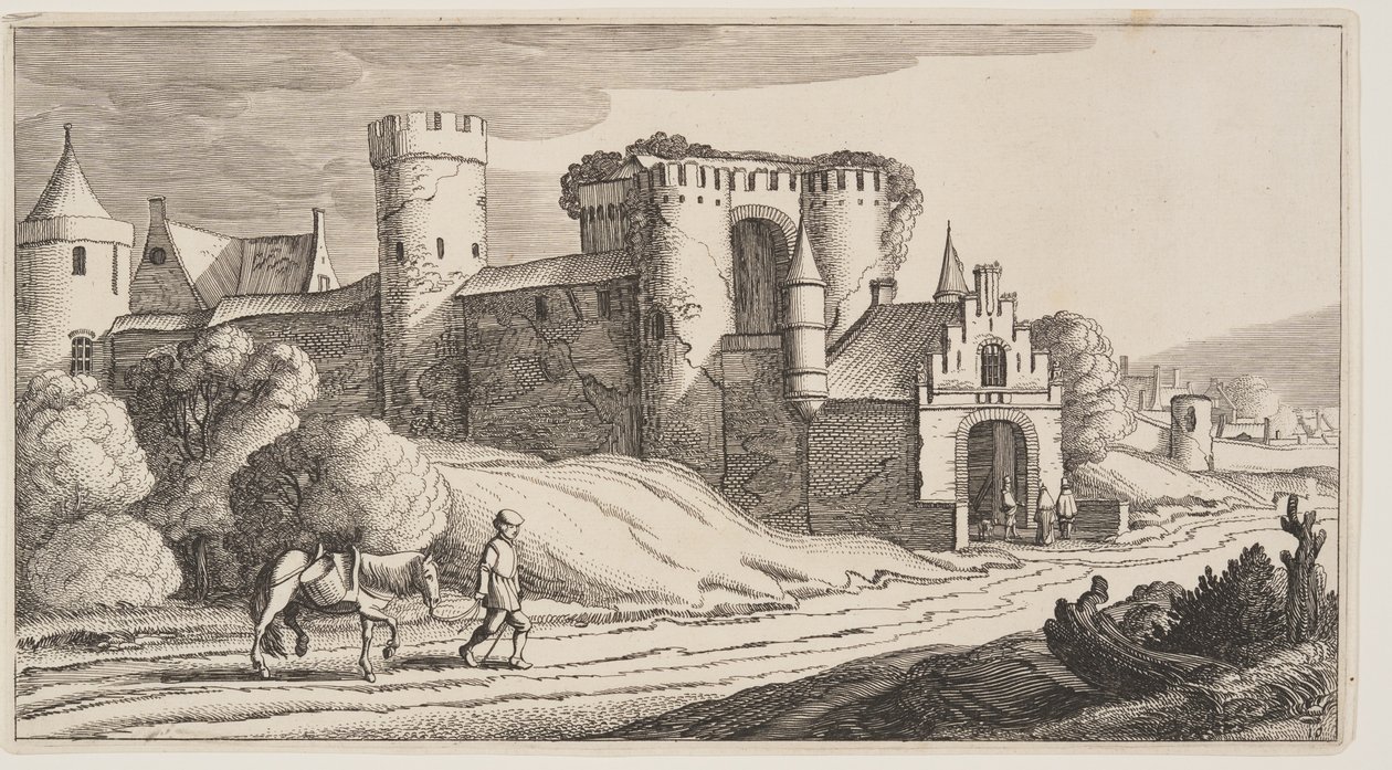 Een boer met een paard op een weg nabij stadsmuren, uit Landschappen (Playsante Lantschappen) door Claes Jansz. Visscher II