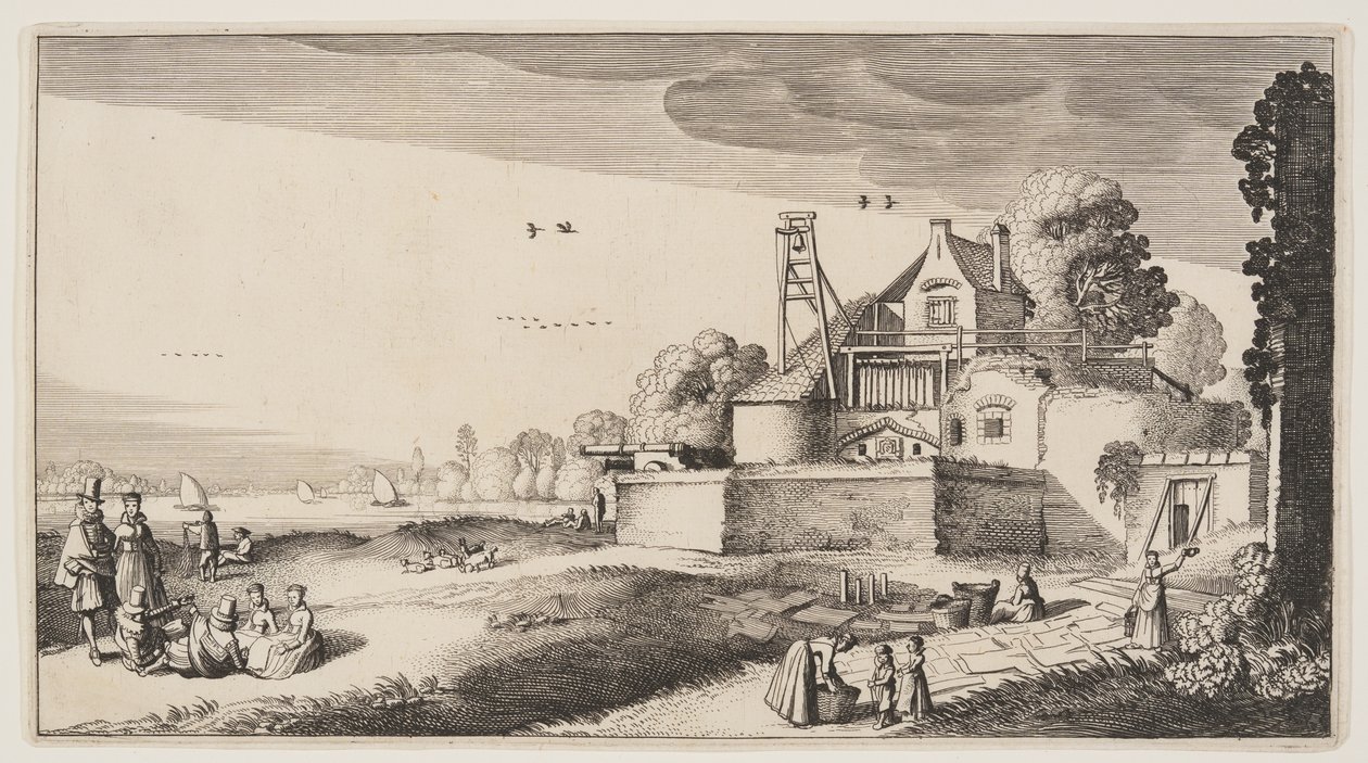 Bleekveld voor een fort aan een rivier, uit Landschappen (Playsante Lantschappen) door Claes Jansz. Visscher II