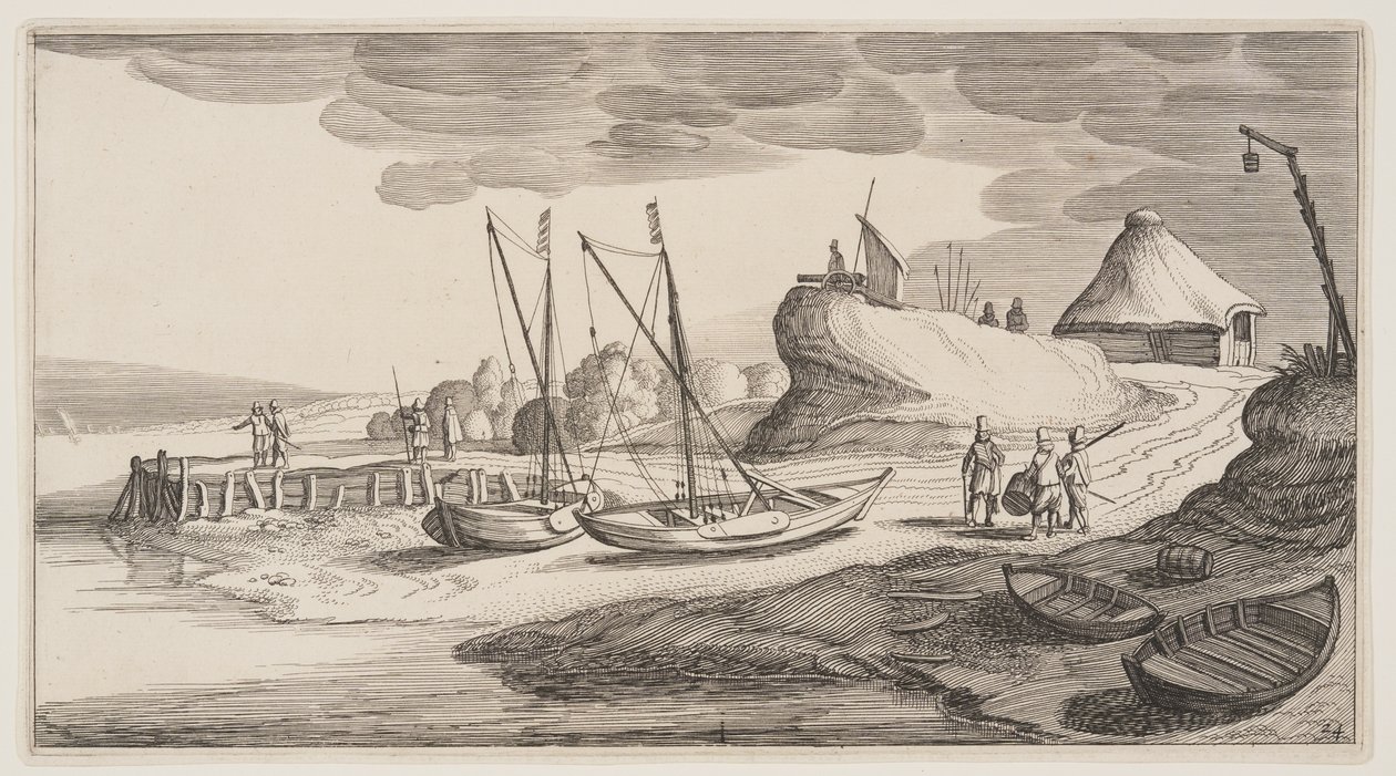 Boten aan wal bij een uitkijktoren, uit Landschappen (Playsante Lantschappen) door Claes Jansz. Visscher II