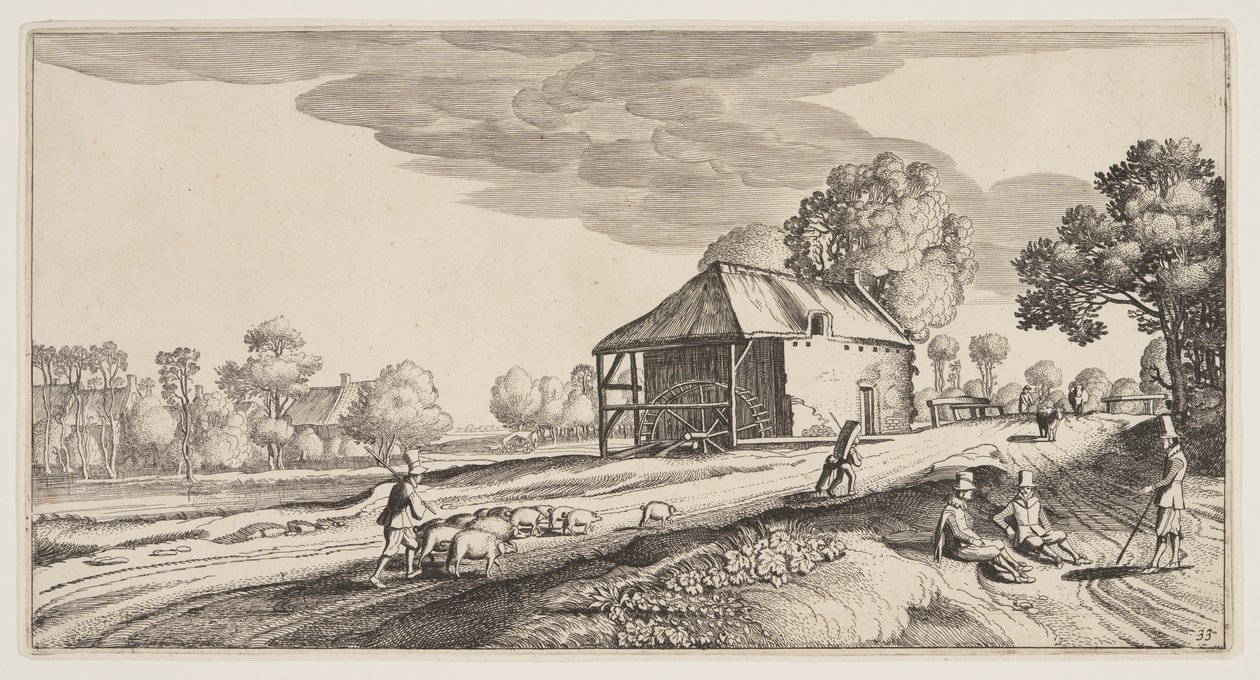 Kruispunt bij een watermolen, uit Landschappen (Playsante Lantschappen) door Claes Jansz. Visscher II