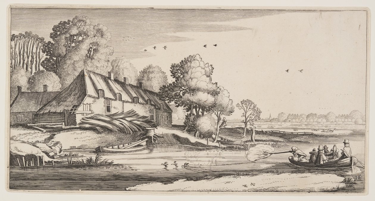 Eenden schieten vanaf een rijtjesboot bij een boerderij, uit Landschappen (Playsante Lantschappen) door Claes Jansz. Visscher II