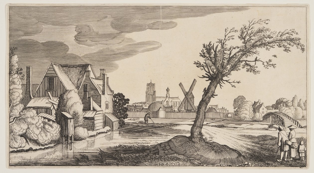 Huis aan een vijver buiten een stad, uit Landschappen (Playsante Lantschappen) door Claes Jansz. Visscher II