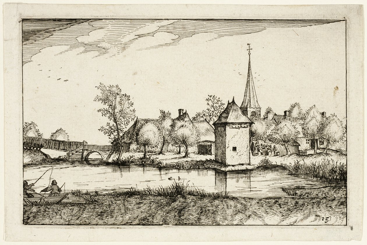 Vijver en een dorp, plaat vijftien naar afbeeldingen van boerderijen, landhuizen en rustieke dorpen (Praediorum villarum et rusticarum casularum icones) door Claes Jansz. Visscher II