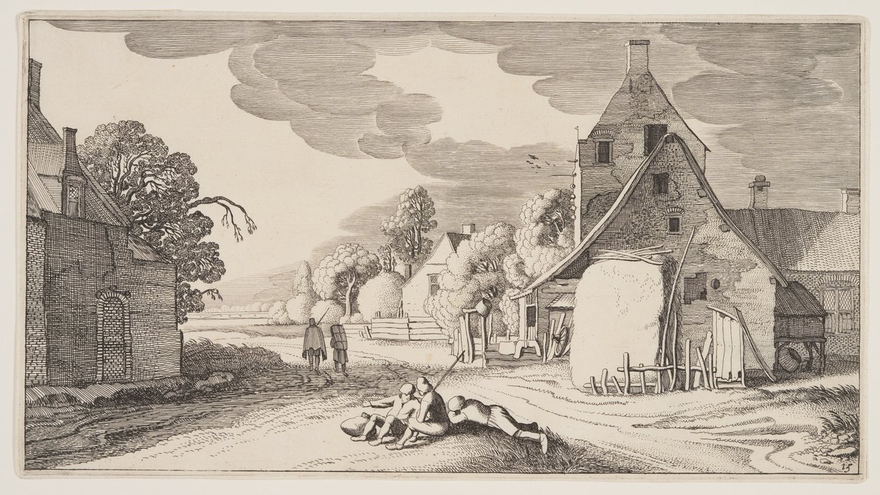 Drie boeren rustend op een kruispunt in een dorp, uit Landschappen (Playsante Lantschappen) door Claes Jansz. Visscher II