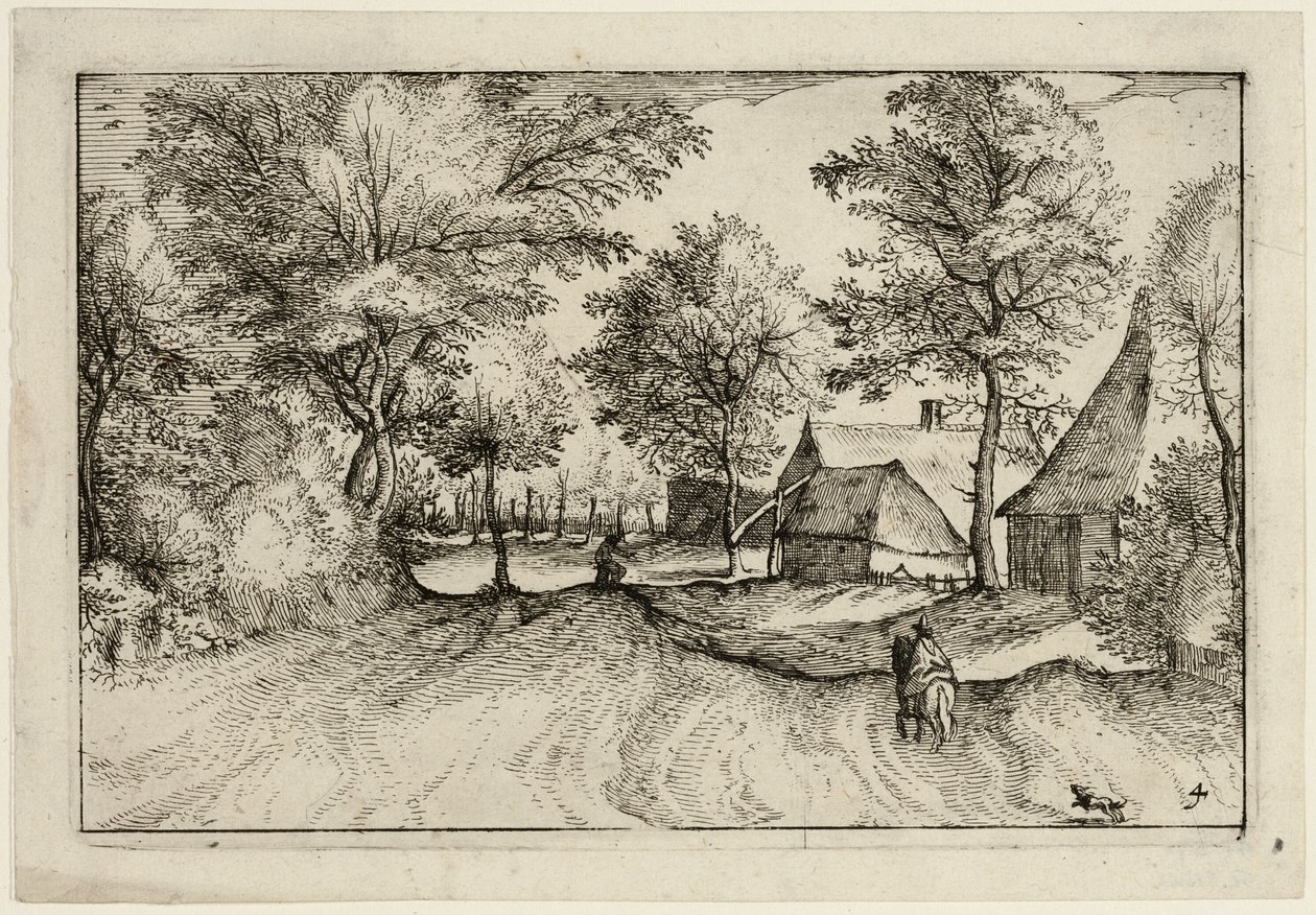 Dorpsweg, plaat vier naar Afbeeldingen van boerderijen, landhuizen en rustieke dorpen (Praediorum villarum et rusticarum casularum icones) door Claes Jansz. Visscher II