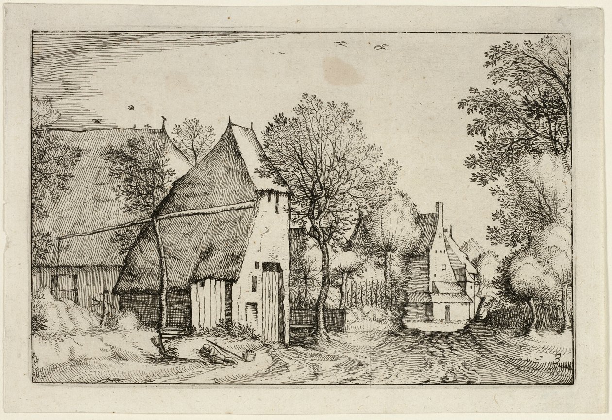 Dorpsweg, plaat drie naar Afbeeldingen van boerderijen, landhuizen en rustieke dorpen (Praediorum villarum et rusticarum casularum icones) door Claes Jansz. Visscher II