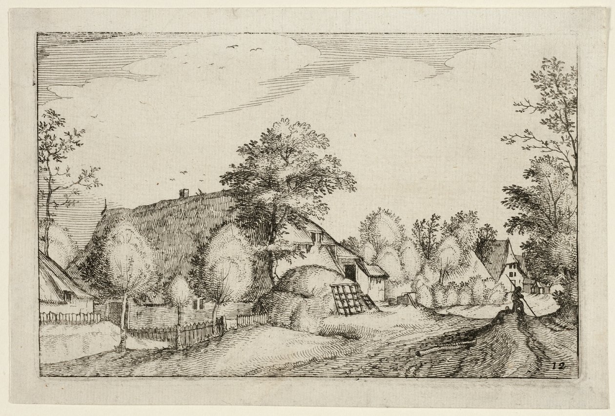Dorpsweg, plaat twaalf naar Afbeeldingen van boerderijen, landhuizen en rustieke dorpen (Praediorum villarum et rusticarum casularum icones) door Claes Jansz. Visscher II