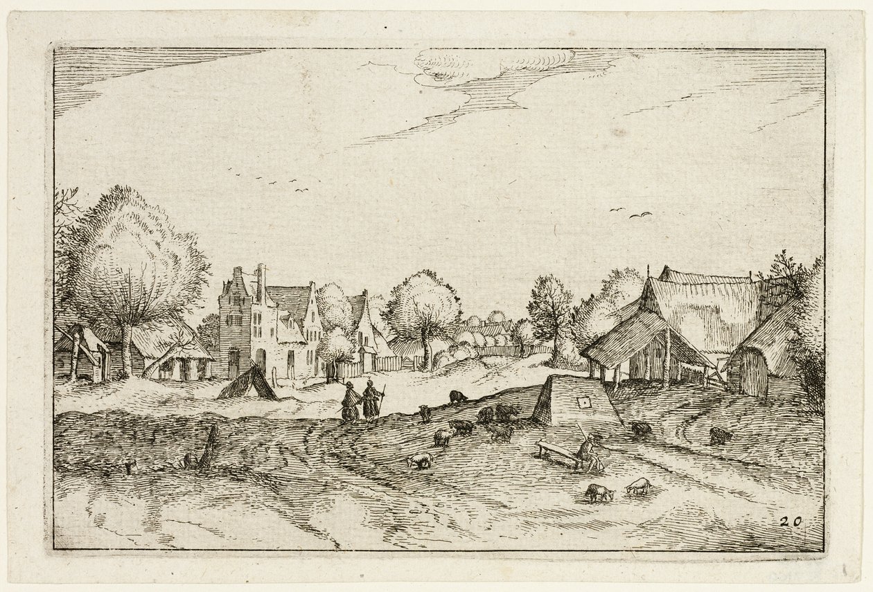 Dorpsweg, plaat twintig naar Afbeeldingen van boerderijen, landhuizen en rustieke dorpen (Praediorum villarum et rusticarum casularum icones) door Claes Jansz. Visscher II
