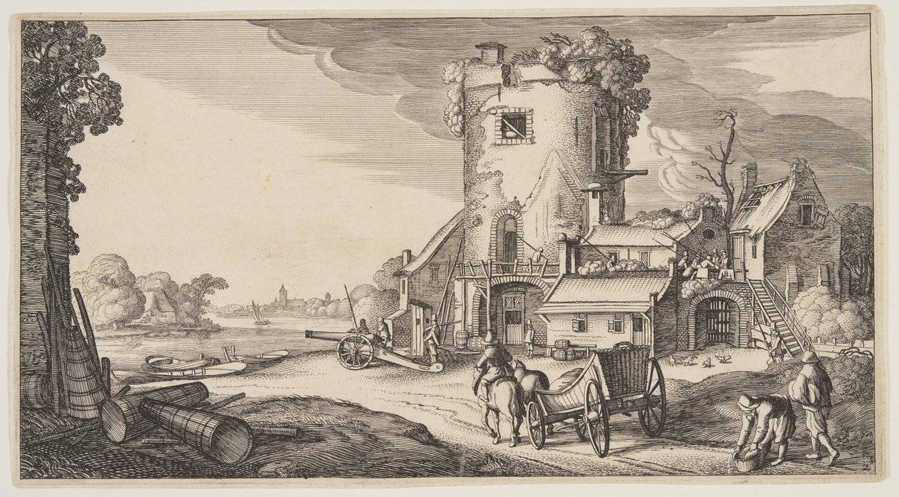Uitkijktoren bij een rivier, uit Landschappen (Playsante Lantschappen) door Claes Jansz. Visscher II