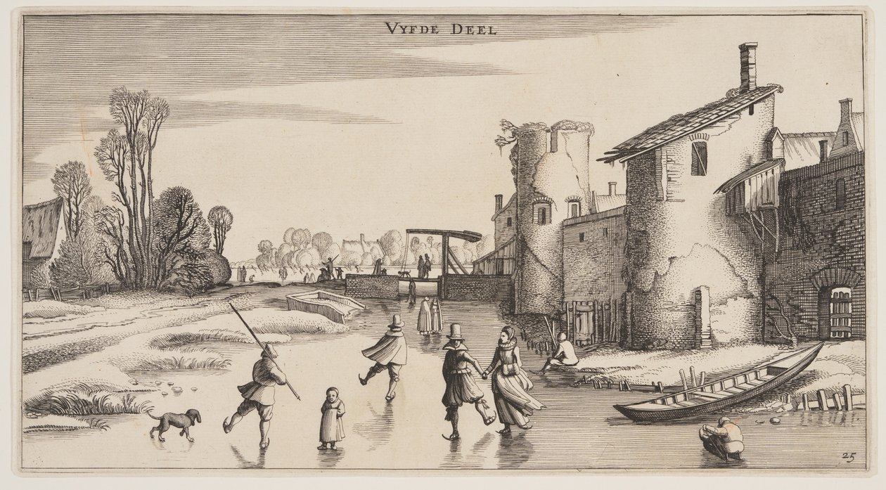 Winterlandschap met schaatsers langs een stadsmuur, uit Landschappen (Playsante Lantschappen) door Claes Jansz. Visscher II