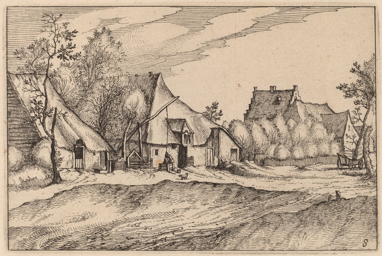 Boerderijen in een Dorp door Claes Jansz Visscher after Johannes van Doetechum, the Elder after Lucas