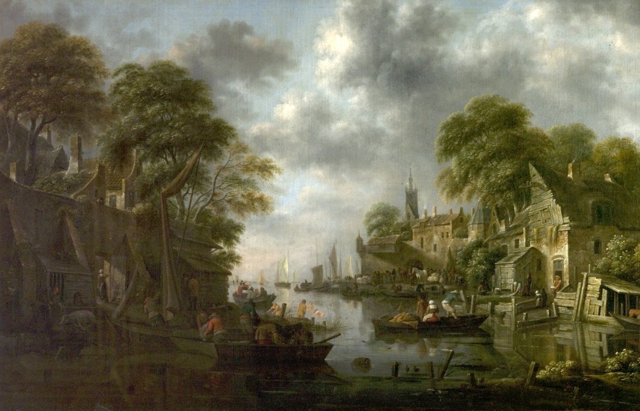 Rivierscène met boten en figuren, 1665 door Claes Molenaer