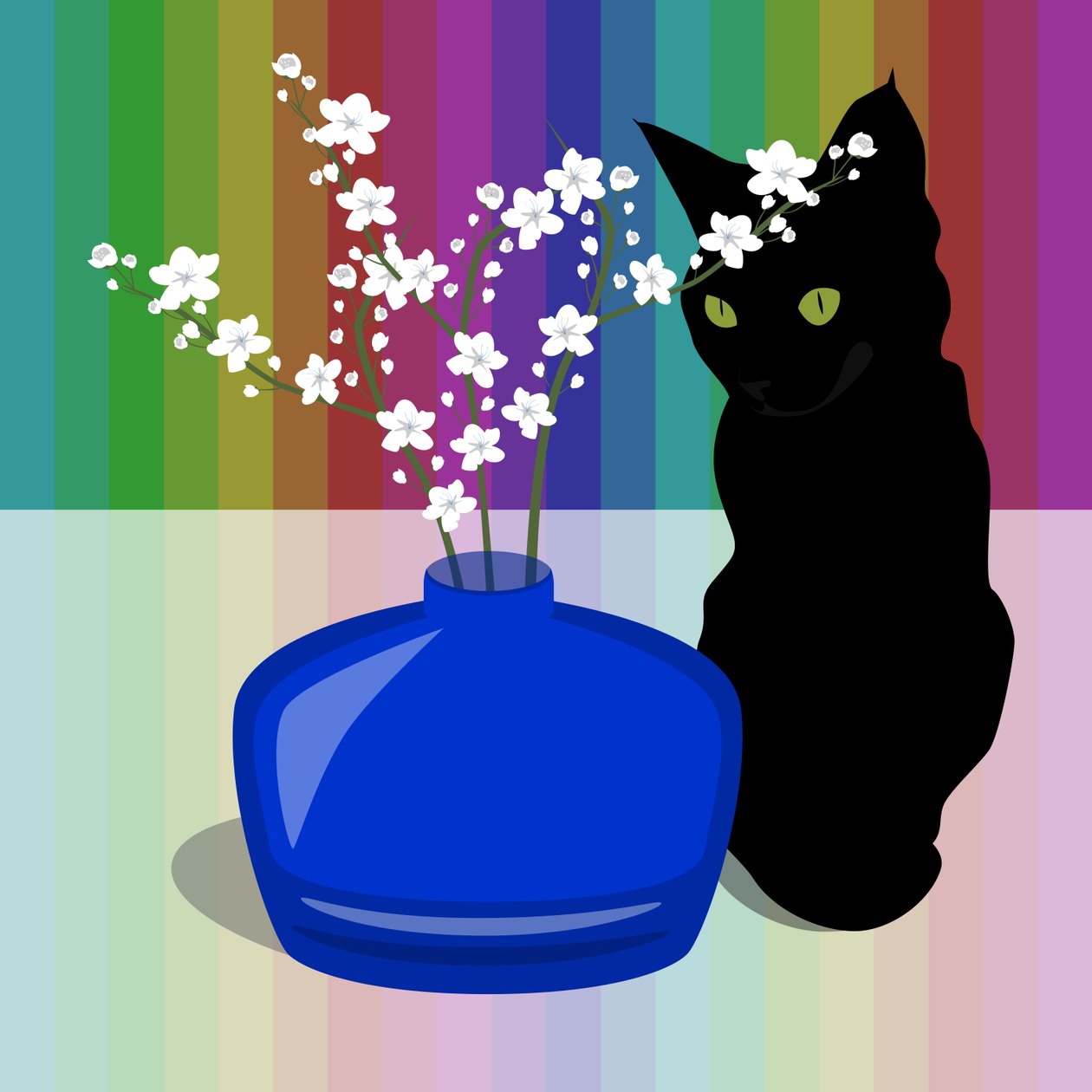 Blauwe Glazen Vaas met Bloesem en Zwarte Kat door Claire Huntley