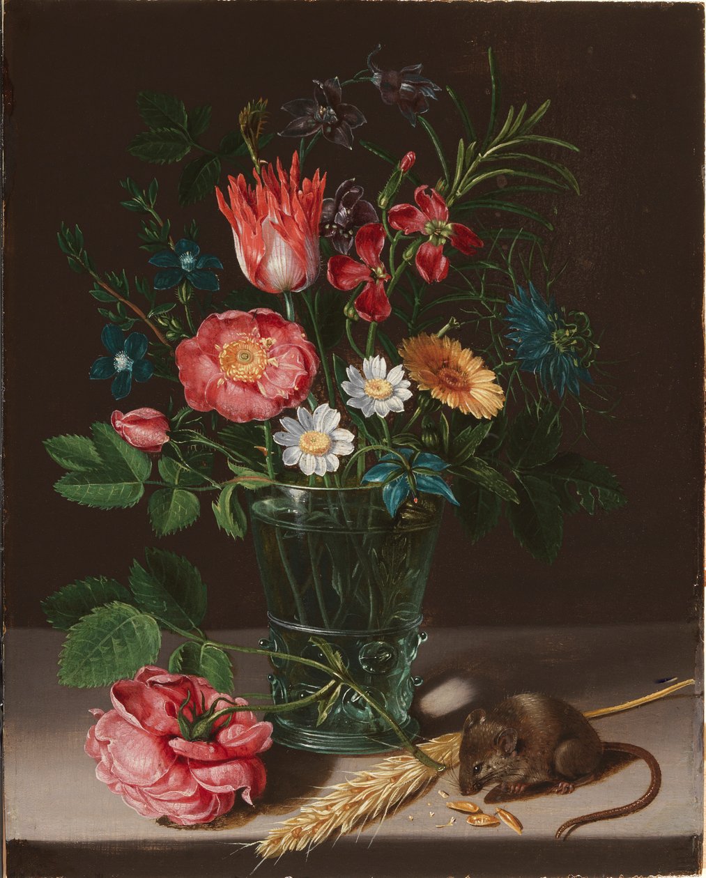 Bloemen in een vaas met een knabbelende muis door Clara Peeters