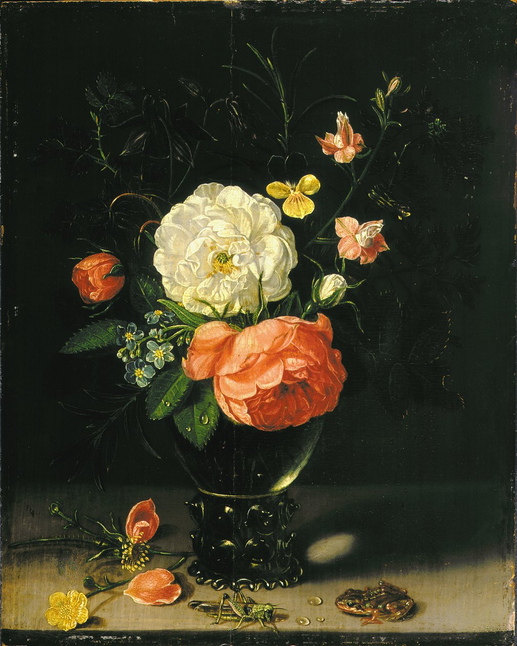 Bloemen in een vaas met sprinkhaan en kikker door Clara Peeters