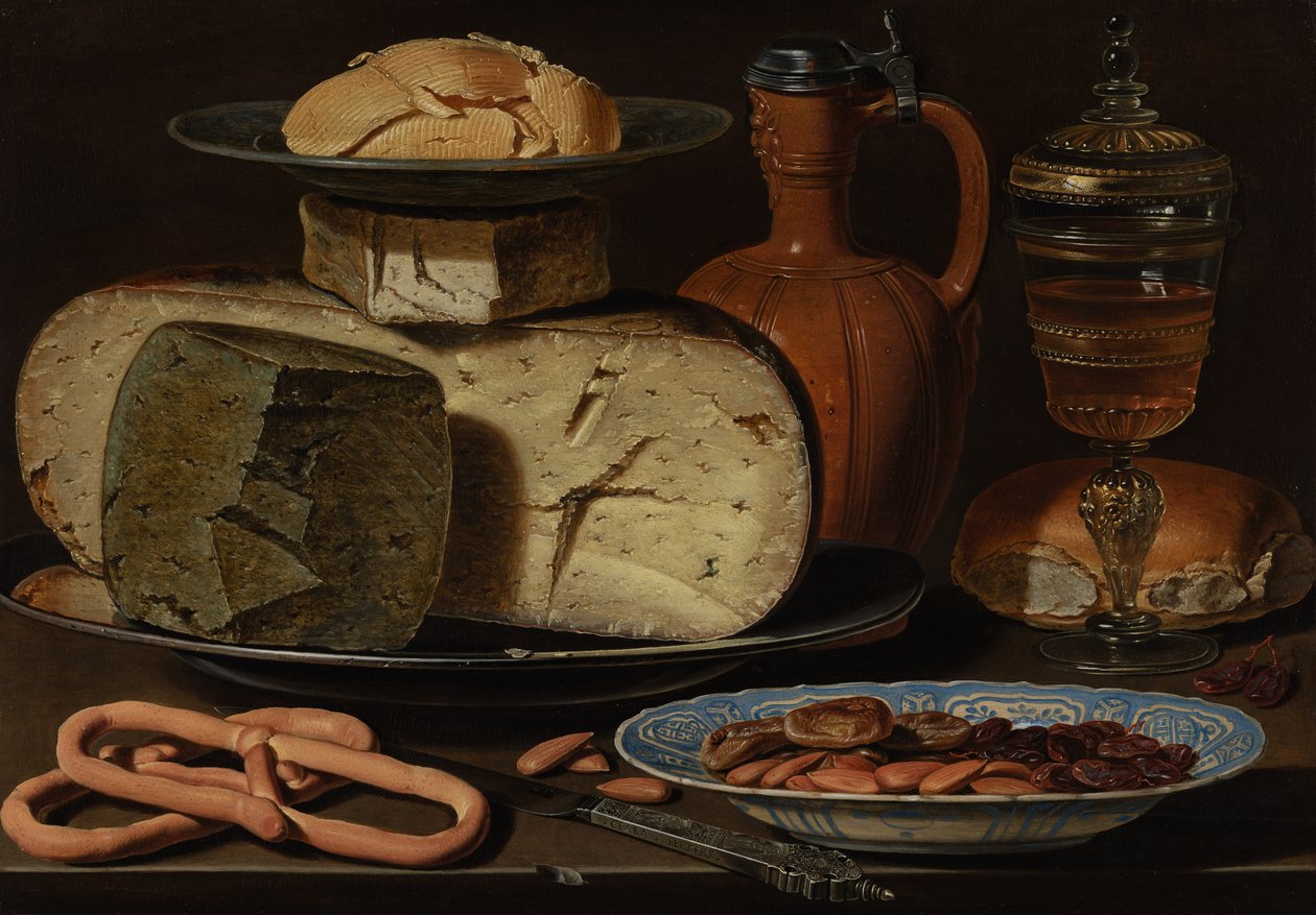 Stilleven met kazen, amandelen en pretzels, c.1615 door Charlotte Evans