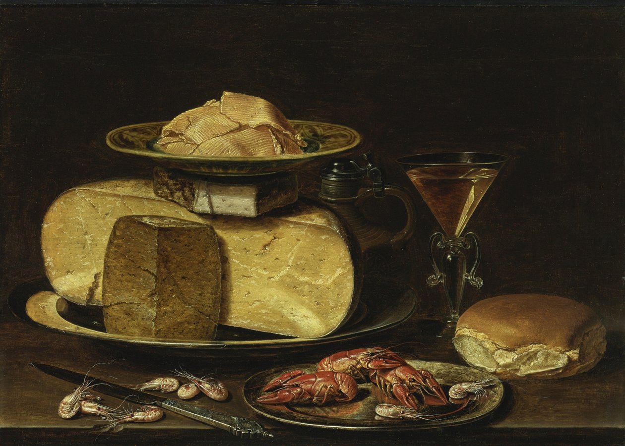 Stilleven met kazen, glas à la façon de Venise en rivierkreeft op een tinnen bord door Charlotte Evans