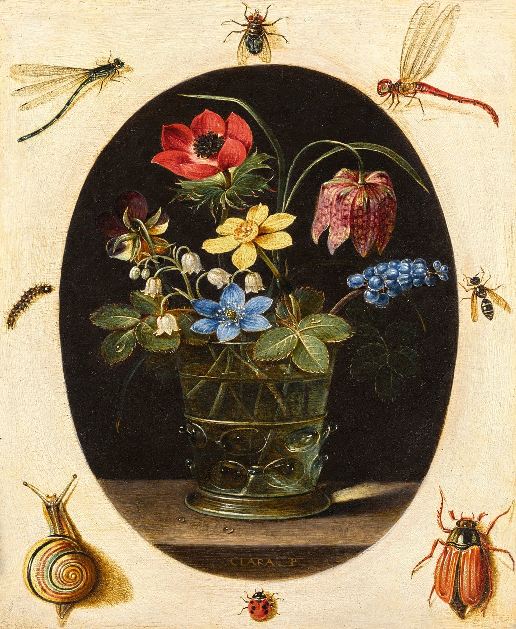 Stilleven met bloemen omringd door insecten en een slak door Clara Peeters
