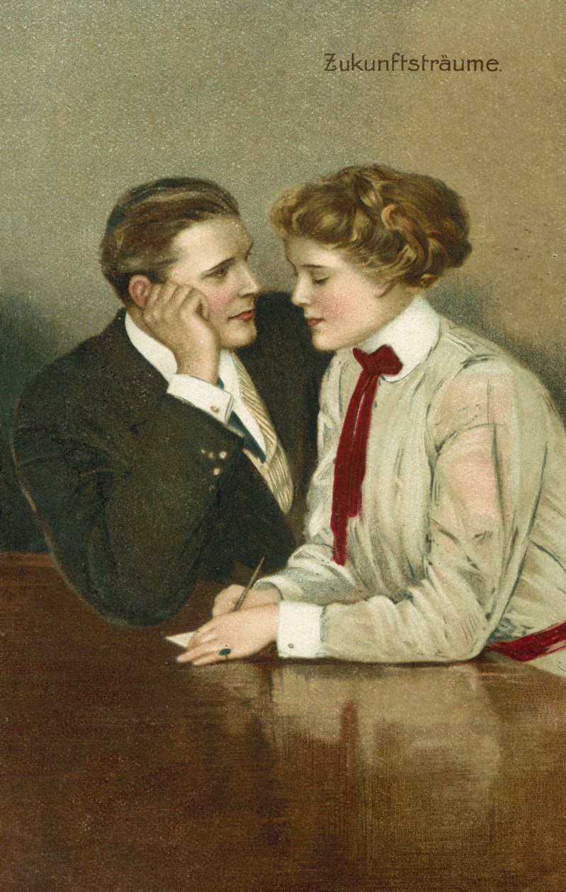 Paar, in serieuze discussie (kleurenlitho) door Clarence F. Underwood