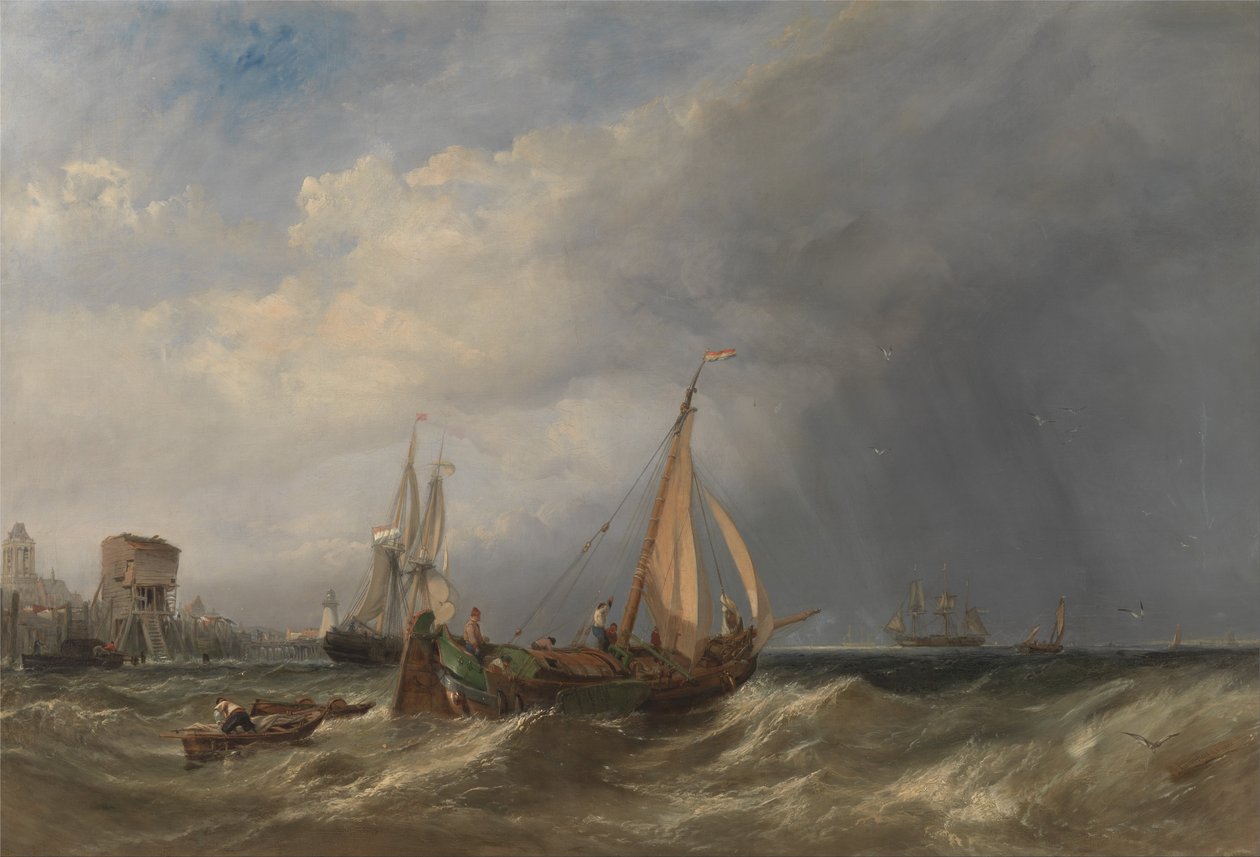 Een Nederlandse aak en koopvaardijschepen die uit Rotterdam varen door Clarkson Frederick Stanfield