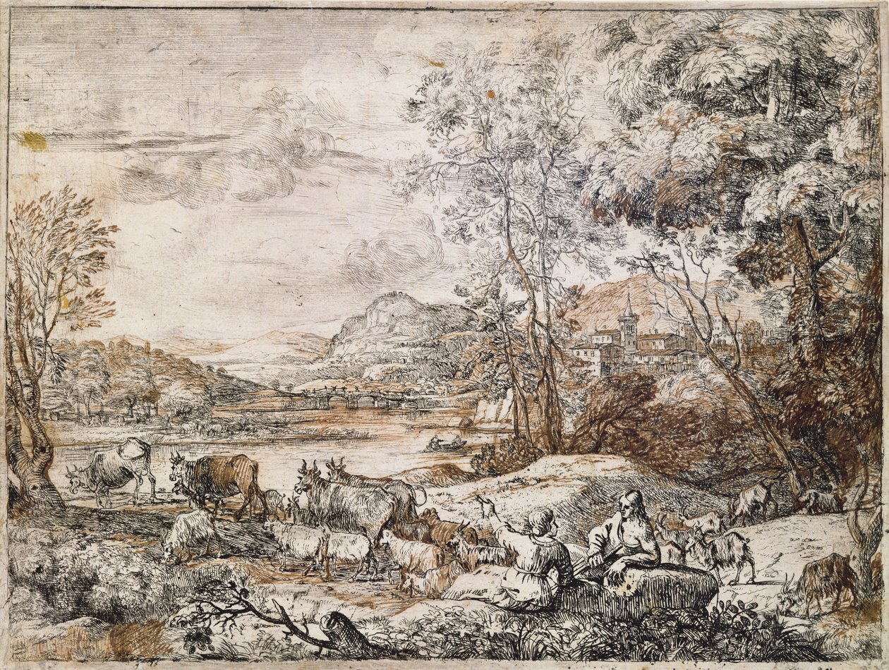 Een herder en herderin in gesprek door Claude Lorrain