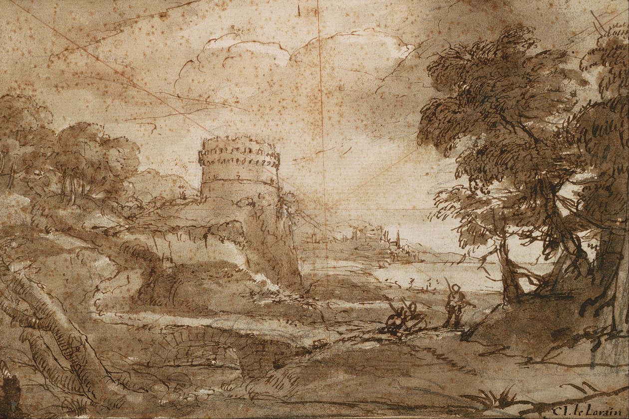 Landschap met Ronde Toren en Baai door Claude Lorrain