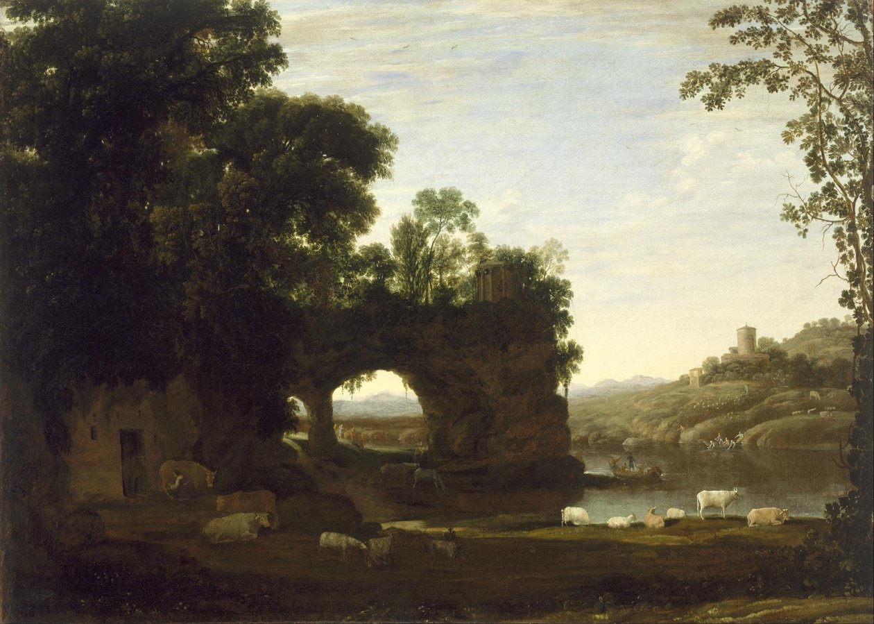 Landschap met een Rotsboog en Rivier door Claude Lorrain