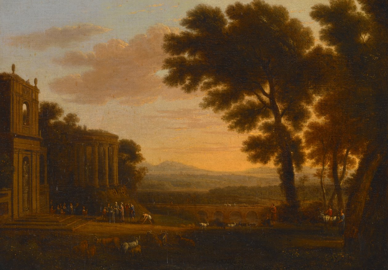 Landschap met de vader van Psyche die offert bij de Milesische tempel van Apollo door Claude Lorrain