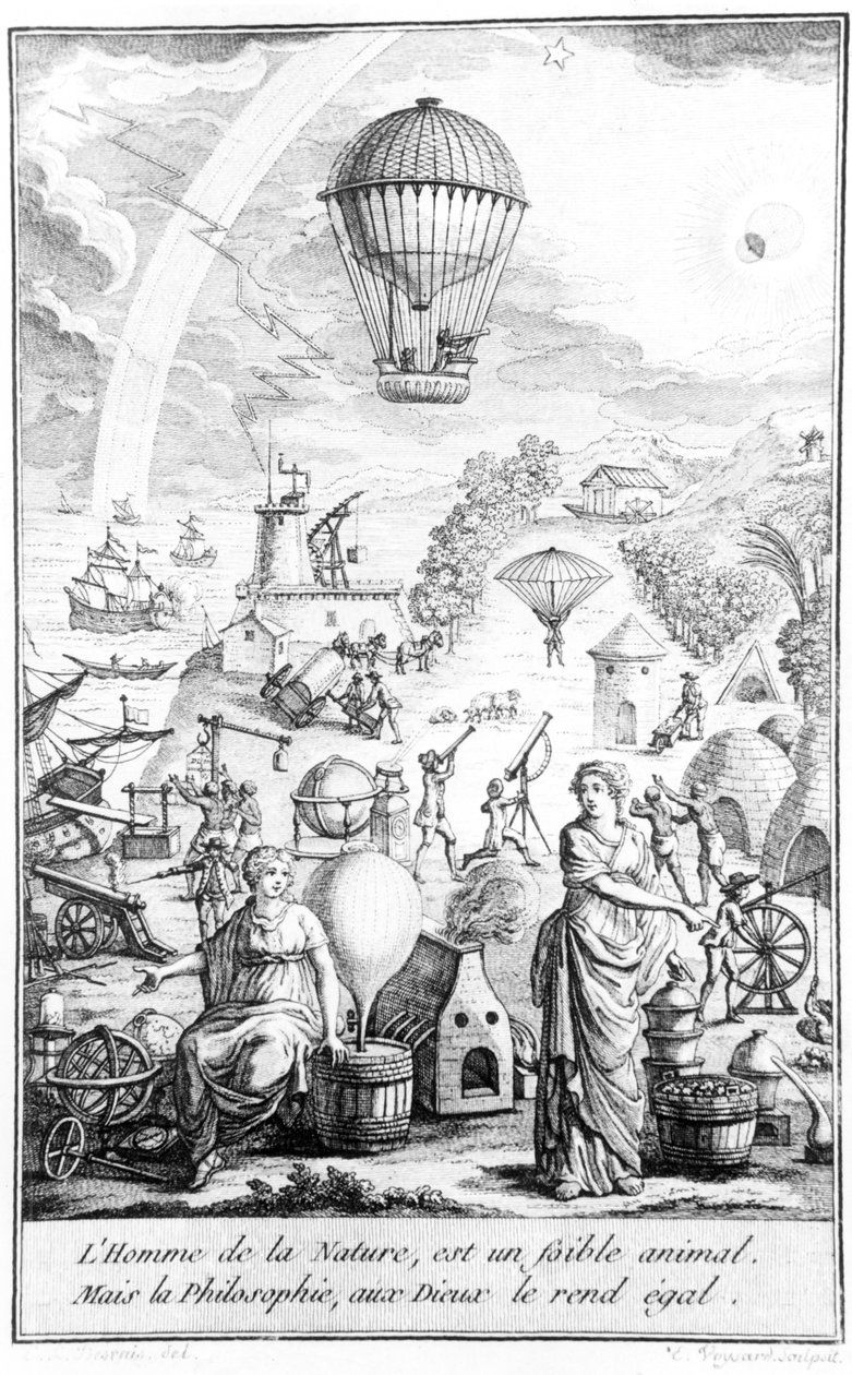 Allegorie gemaakt tijdens de Franse revolutie die de voordelen van technische en wetenschappelijke ontdekkingen voor de mensheid illustreert door Claude Louis Desrais