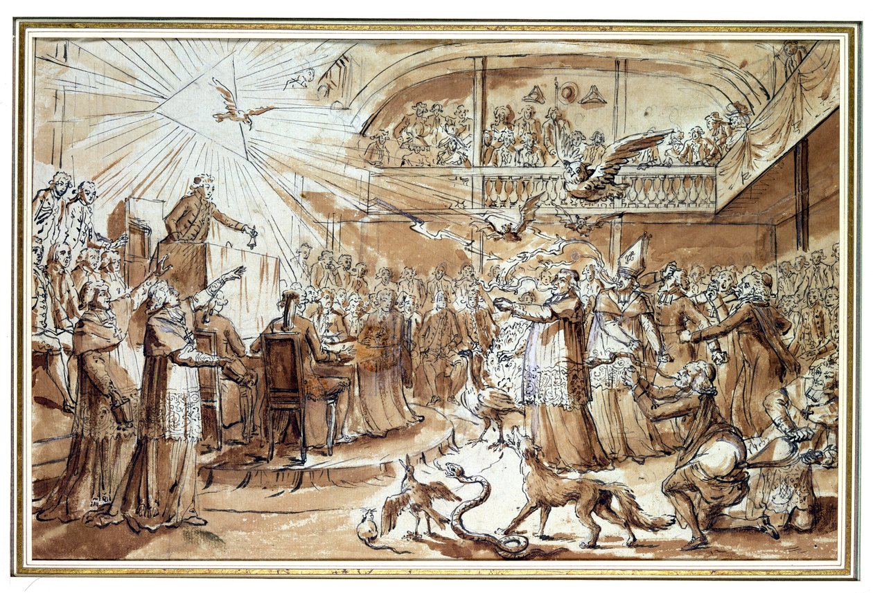 Karikatuur van de geestelijkheid bij de Constituante van december 1790 die de oplegging van de Civiele Grondwet aan de Kerk weerlegt, 1790 door Claude Louis Desrais