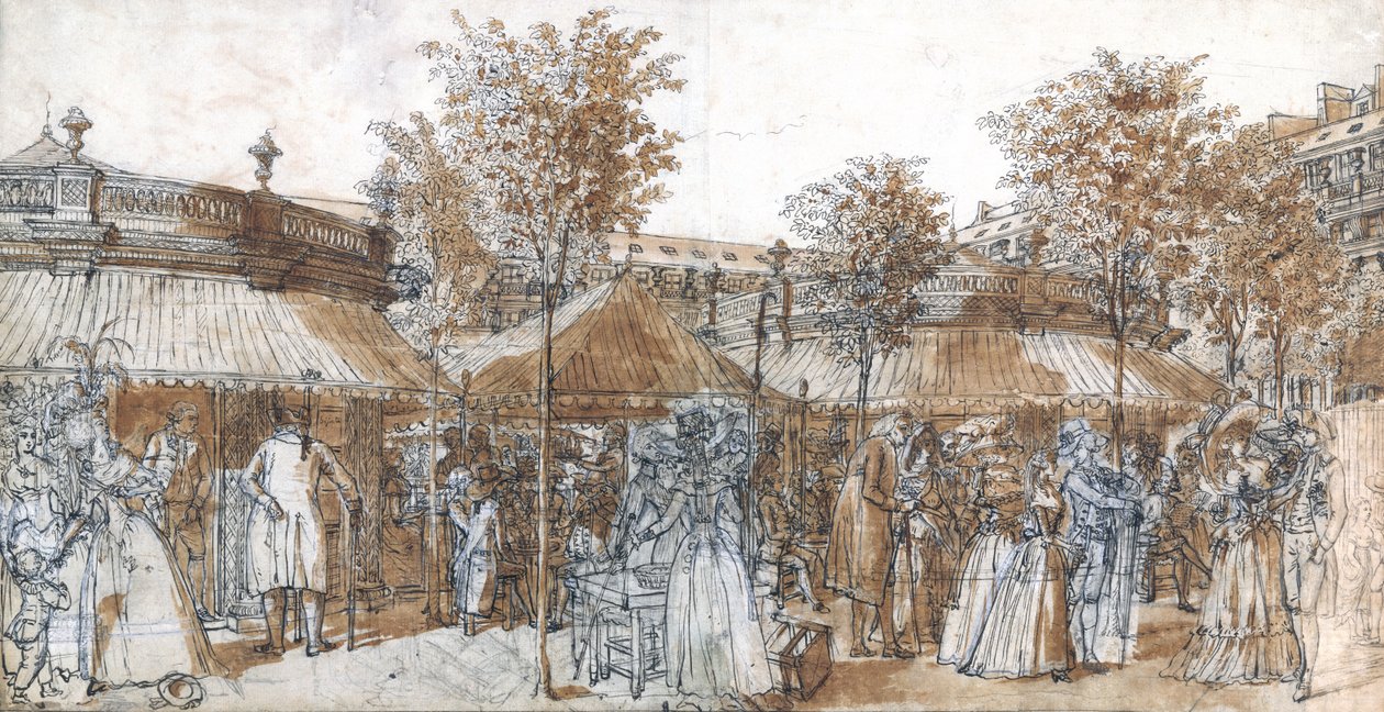 De tuinwandeling van het Palais Royal in 1787 door Claude Louis Desrais