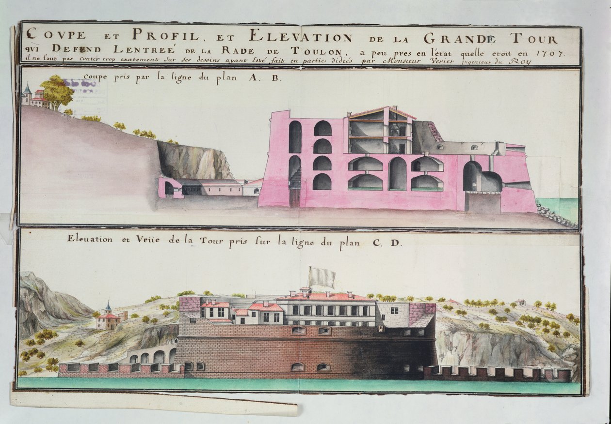 Ms 508131 K fol.107 Doorsnede en elevatie van de haventorens in Toulon, uit 