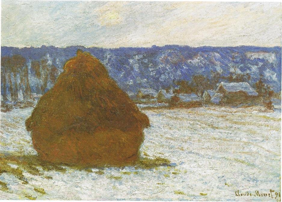 Stapel tarwe sneeuw effect, bewolkte dag door Claude Monet