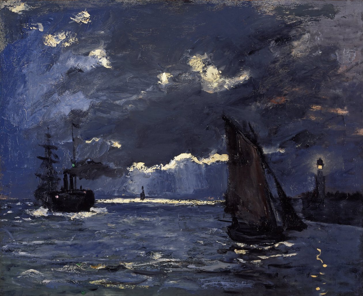 Een Zeegezicht, Schepen bij Maanlicht door Claude Monet