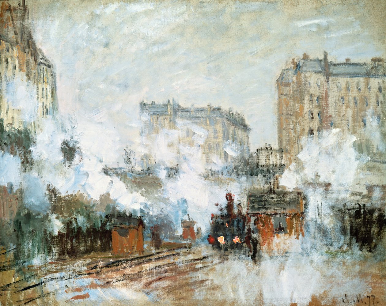 Exterieur van het Gare Saint-Lazare, aankomst van een trein, 1877 door Claude Monet