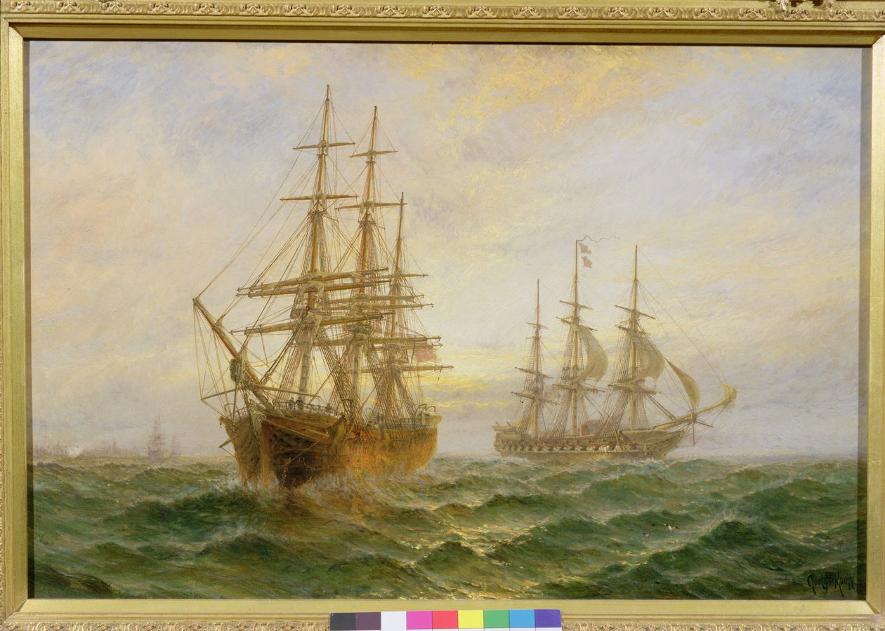 Twee Schepen die bij Zonsondergang Voorbijvaren door Claude T. Stanfield Moore