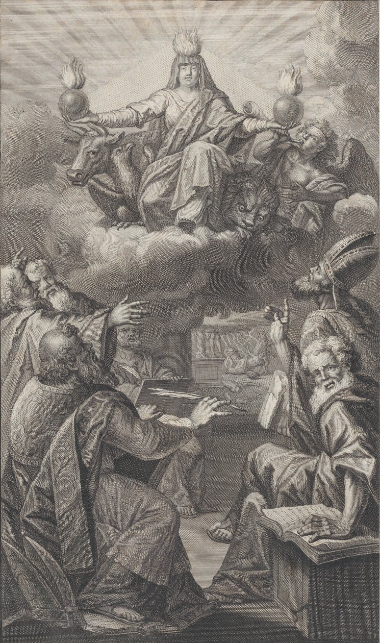 Allegorische figuur die op wolken verschijnt terwijl een groep mannen beneden omhoog kijkt, 1728 door Claude Augustin Duflos