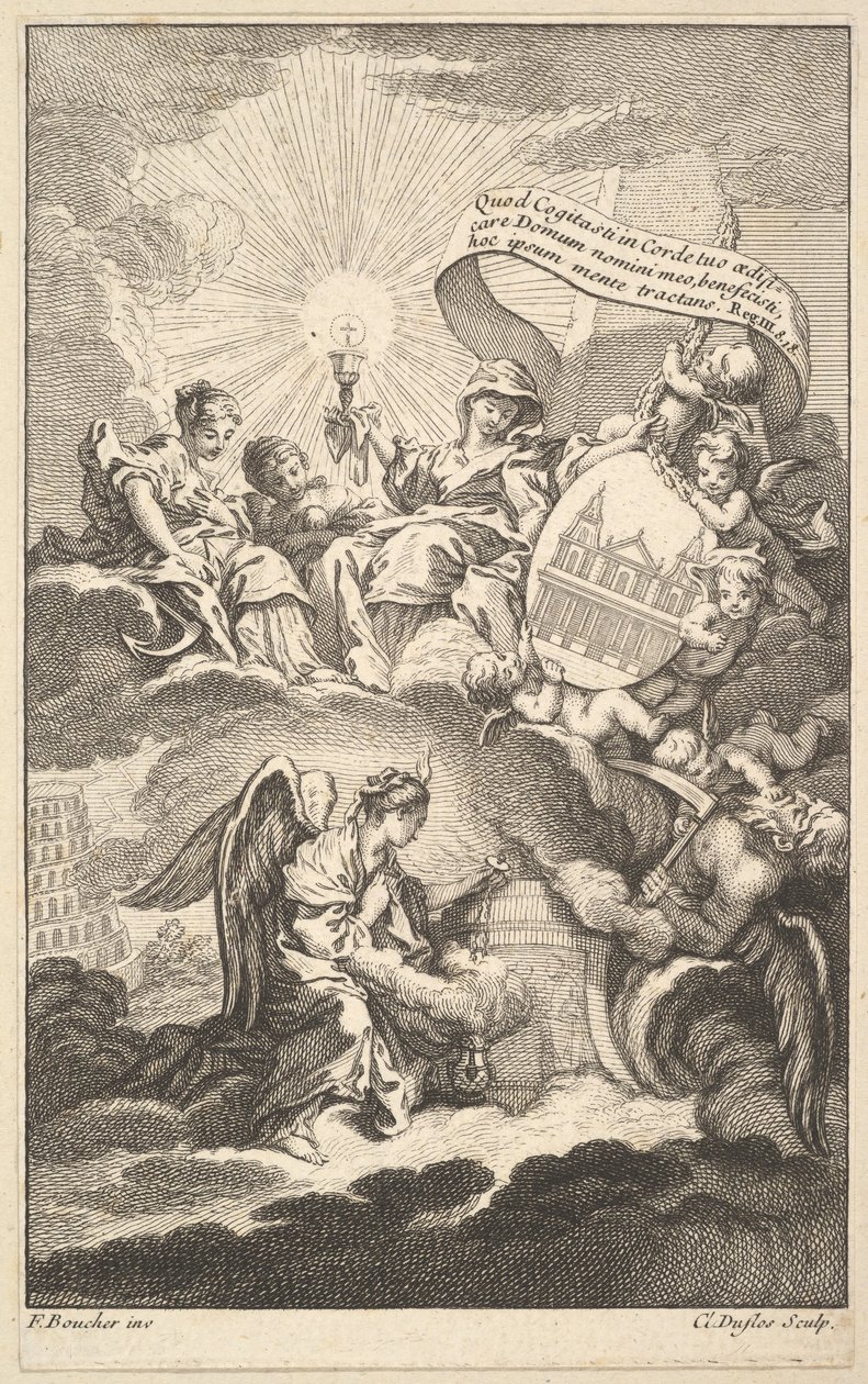 Frontispice, uit De Bouw van St. Sulpice door Alexis Piron, ca. 1744 door Claude Augustin Duflos