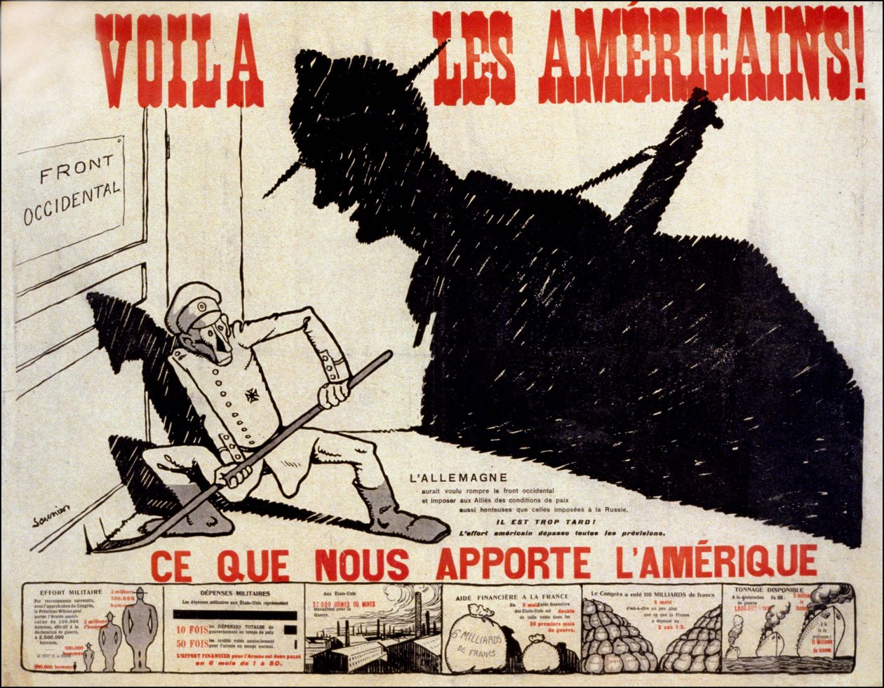 Hier zijn de Amerikanen en wat Amerika ons brengt - poster over de Amerikaanse oorlogsbijdrage, ill. door Charles Saunier (geboren 1865) door Claude Charles (attr. to) Saunier