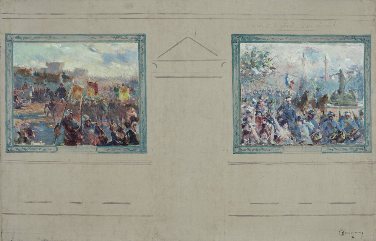 Schets voor het stadhuis van het 12e arrondissement van Parijs: Militaire parade. Defilé op het Place de la Nation, circa 1910 door Claude Charles Bourgonnier