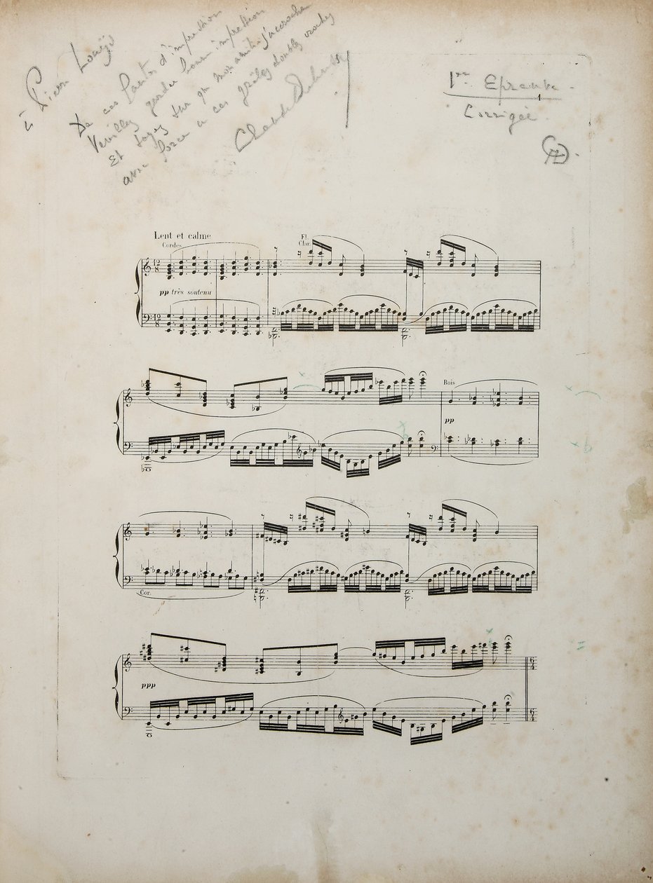 Pagina uit de eerste gecorrigeerde proef van "La damoiselle elue", c.1887-88 door Claude Debussy