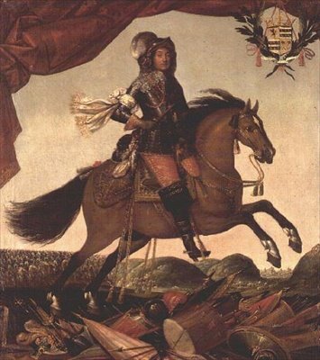 Ruiterportret van een generaal, trofee van wapens op de voorgrond en cavalerie daarachter door Claude Deruet