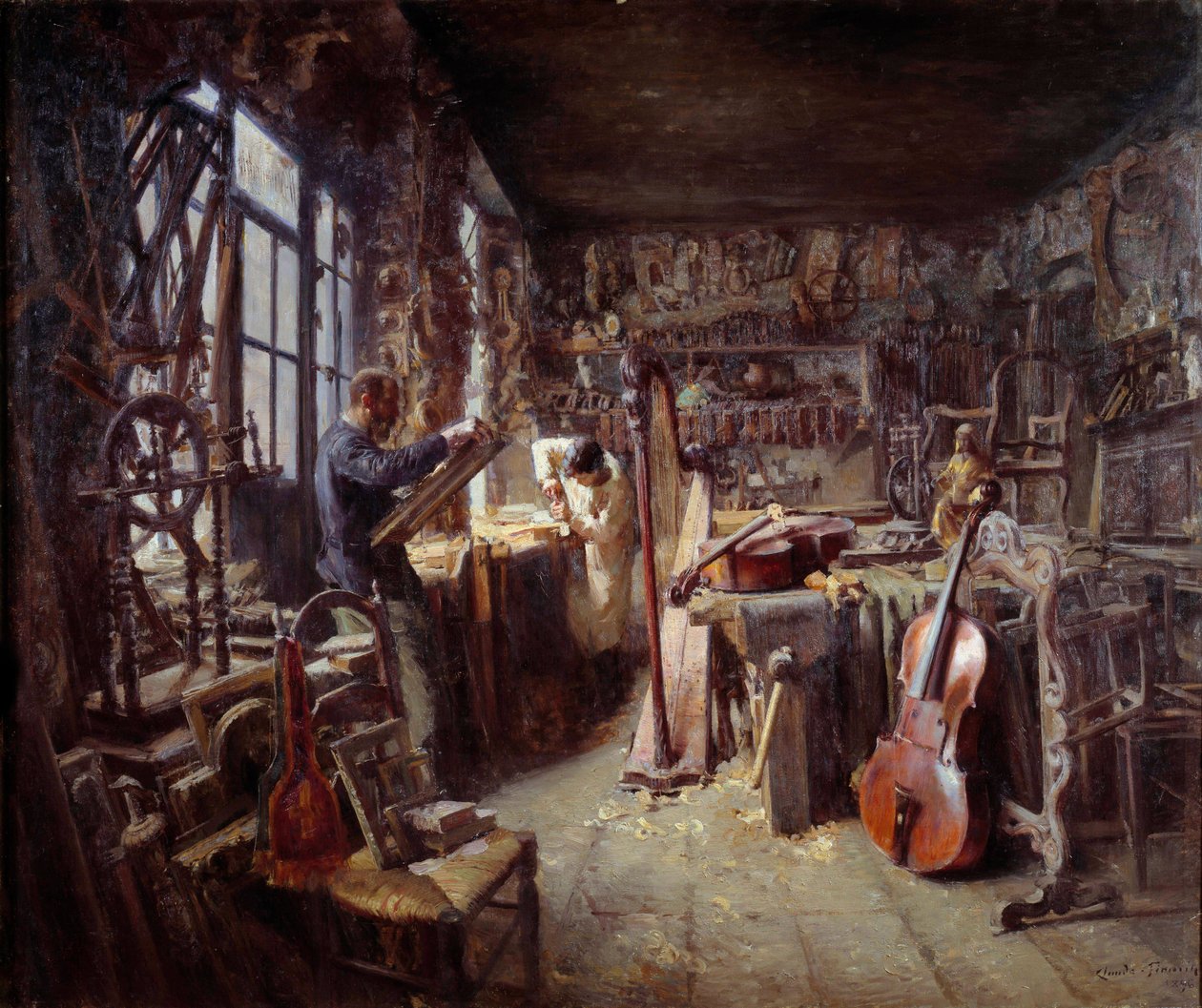 Een restaurateur in zijn werkplaats vol instrumenten (1896) door Claude Firmin
