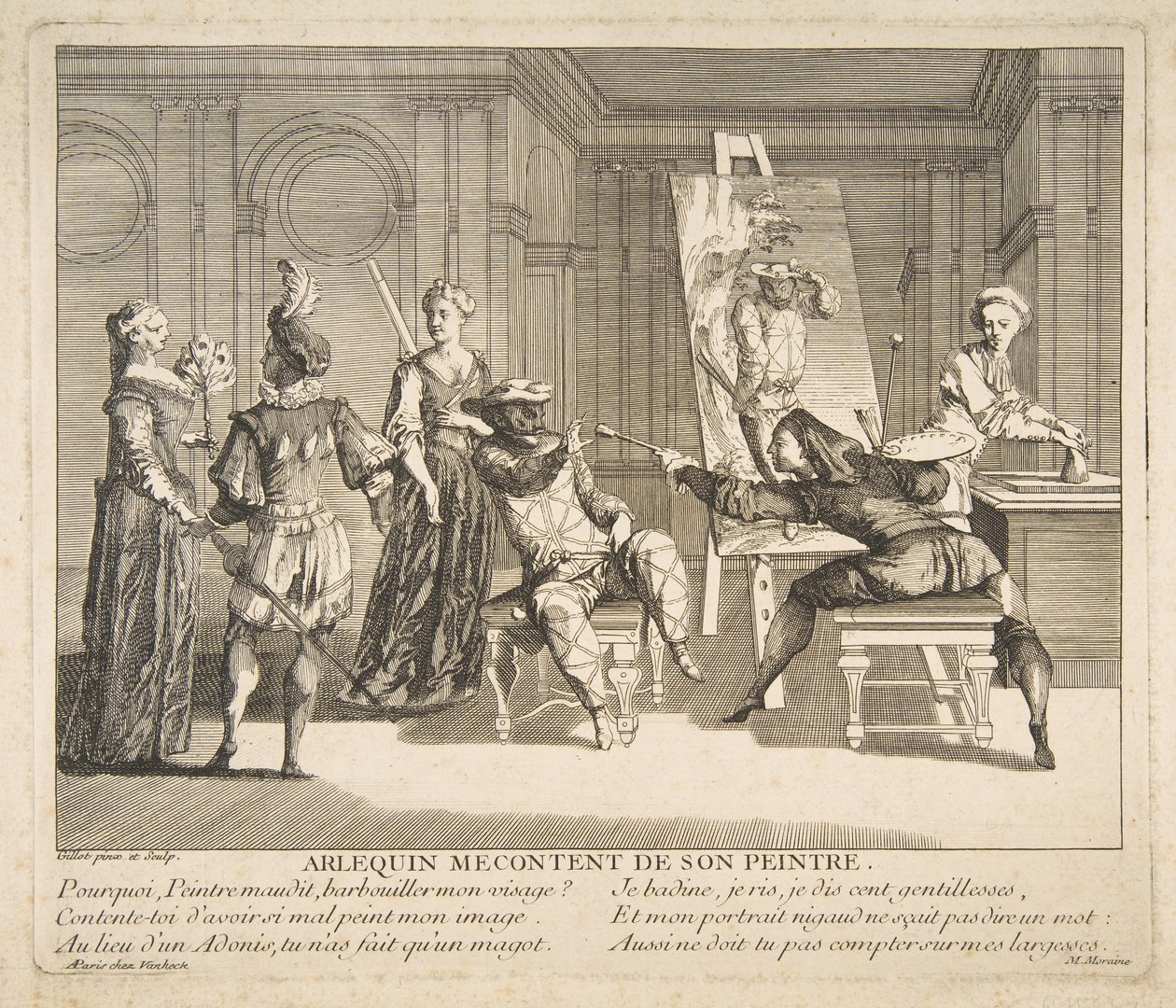 Arlequin Mecontent de Son Peintre, n.d. Makers: Claude Gillot, Jacques Gabriel Huquier door Claude Gillot, Jacques Gabriel Huquier