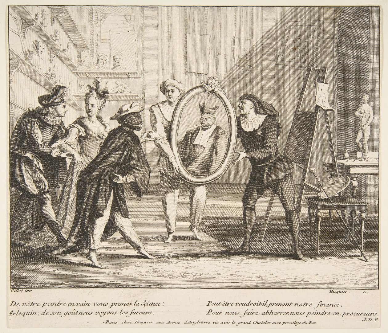 Pierrot en Scaramouche tonen het portret van Harlequin door Claude Gillot, Jacques Gabriel Huquier