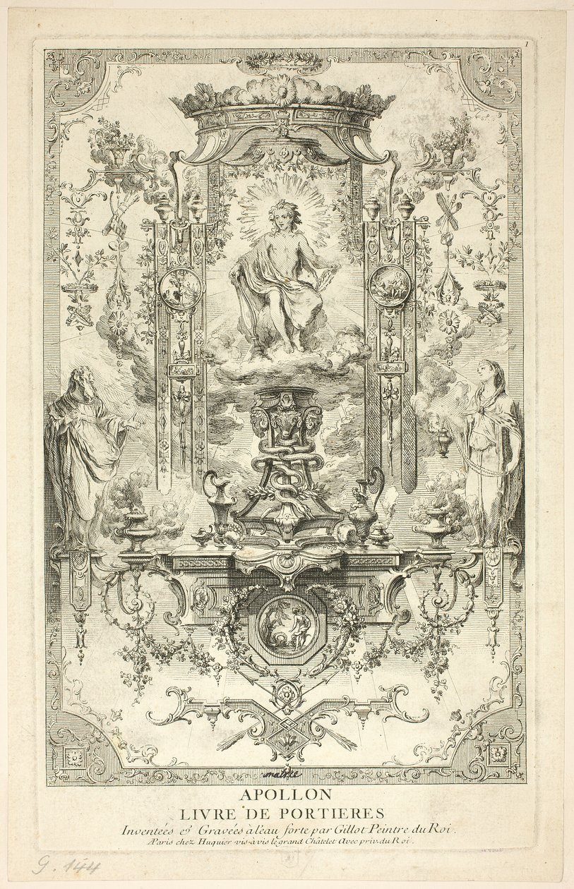 Apollo, uit Livre de Portieres door Claude Gillot