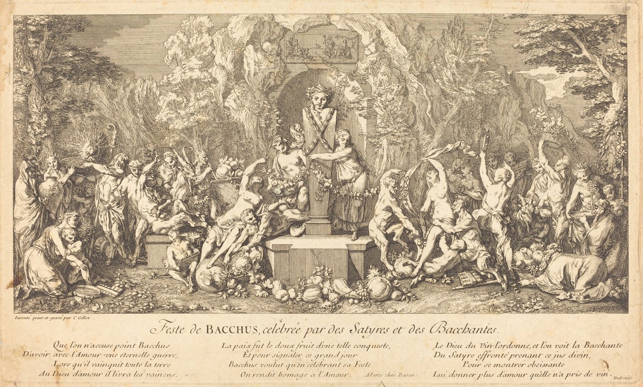 Feest van Bacchus, gevierd door saters en bacchanten door Claude Gillot