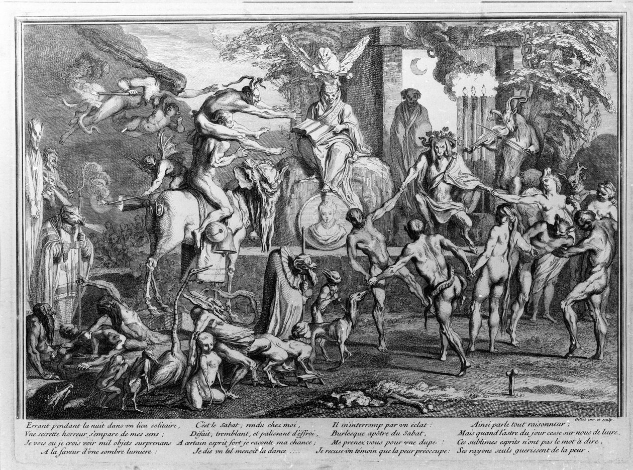 Sabbatceremonie, demonen, heksen en monsterlijke wezens dansen. Gravure door Gillet door Claude Gillot